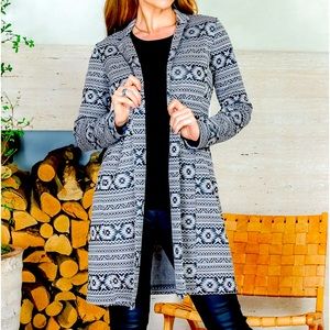 HP 2/19 Open Front Spread Collar Long Line Blazer in Latte & Black Tribal Print